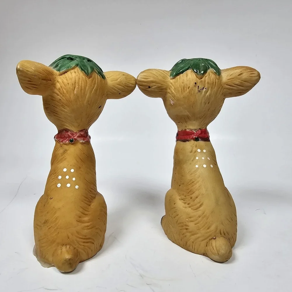 Vintage JSNY Deer Fawns Salt Pepper Shaker Christmas Brown Red Green 3.5